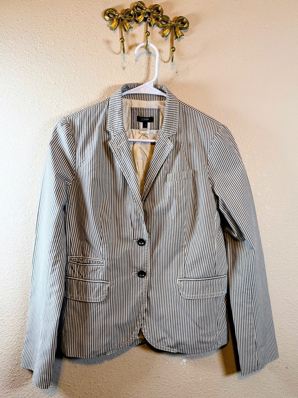 J. Crew Classic Double Button Striped Navy and Ivory  Cotton Blazer. Size 4